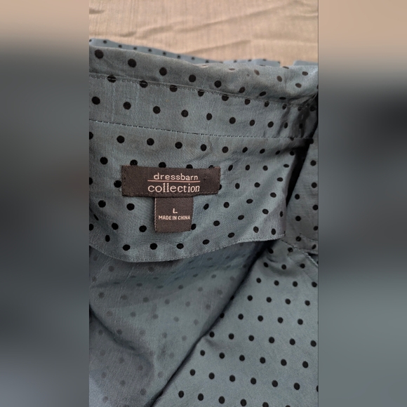 Dressbarn Collection Teal Black Polkadot Pleated Bell Sleeves Womens Blouse Top - Picture 6 of 9